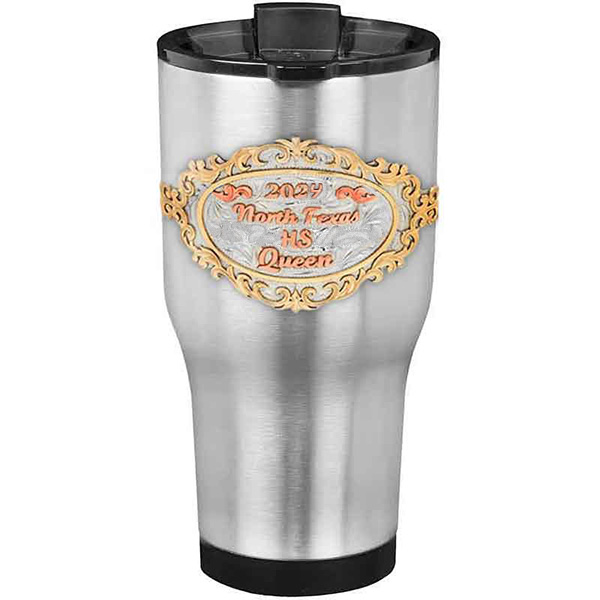 A customized tumbler made of stainless steel with a personalized engraved initials and North Texas High School Queen lettering, 30 oz, ideal for coffee or cool drinks